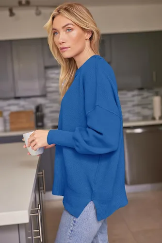 Vista 199 de Lillusory - Suéter extragrande con mangas de murciélago y cuello redondo para mujer, prenda moderna de otoño de tejido de punto sin botones