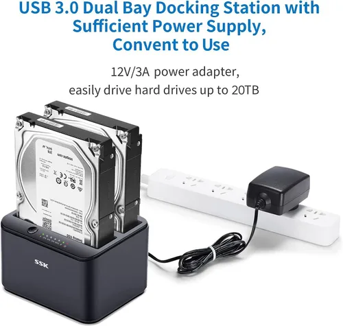 Vista 5 de SSK Estación de acoplamiento de disco duro de aluminio, USB 3.0 a SATA Dual Bay External HDD Dock Caddy Reader para 2.5 y 3.5 pulgadas SATA HDD SSD