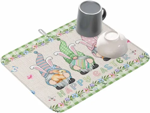 Vista 9 de Tapete de secado floral de corazón para el día de San Valentín para encimera de cocina, tapete absorbente de microfibra para escurridor