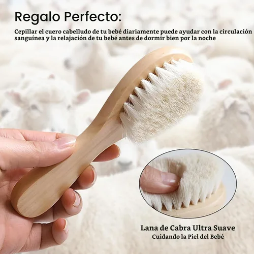 Vista 5 de Paquete de 2 cepillos de pelo de bebé con mango de madera y cerdas de cabra súper suaves para recién nacidos y niños pequeños