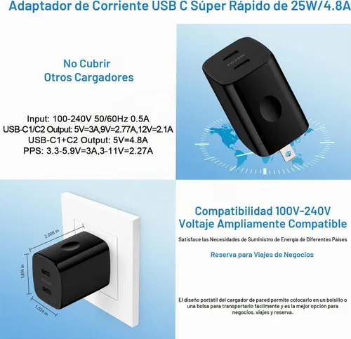 Vista 4 de Carga rápida estupenda del puerto de la caja 2 del cargador de la pared del USB C Android del bloque 25W del cargador Dual Plug Power Adapter