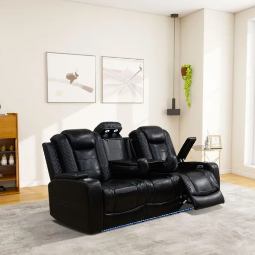 Vista 4 de Juego de sofá reclinable eléctrico de cuero con LED, juego de muebles de sala de estar, juego de sofá de cuero con puerto USB, consola