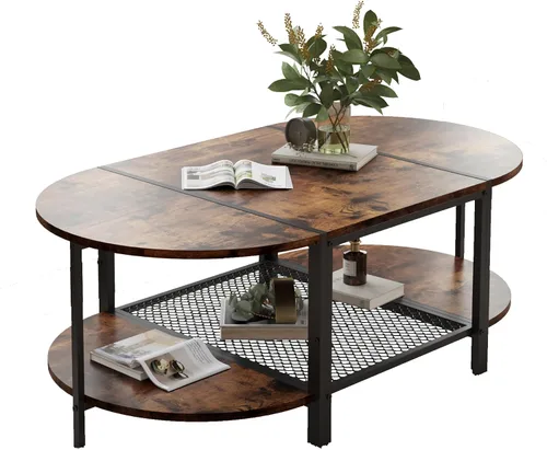 Vista 10 de SENIG Mesa de café pequeña rectangular marrón de madera y metal con estante de almacenamiento para salas de estar pequeñas