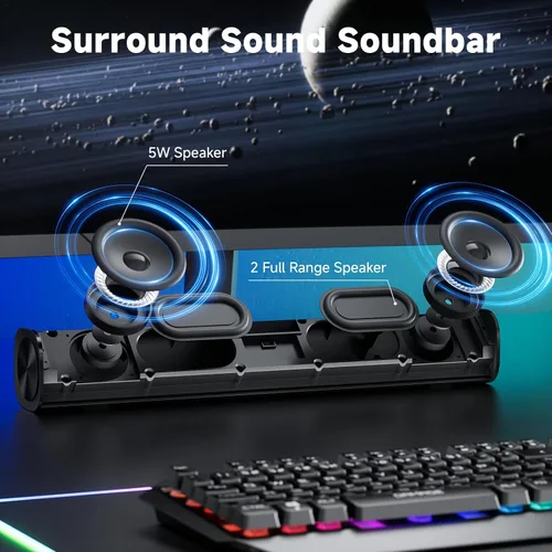 Vista 3 de SOULION R100 Altavoces de computadora Bluetooth con luz LED dinámica, altavoces de PC USB Plug & Play con botón de interruptor, barra de sonido