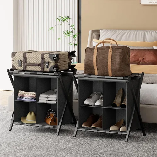 Vista 2 de Huhote Portaequipajes para habitación de invitados, soporte plegable para maleta con estante de almacenamiento de tela, soporte para equipaje