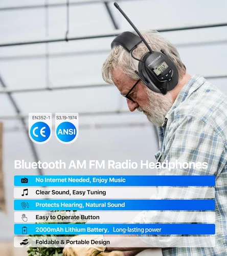 Vista 2 de Bluetooth 5.4 AM/FM Radio Hearing Protection Earmuff, 25dB NRR Rechargeable for Mowing, Construction, Chainsaw