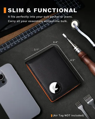 Vista 18 de Billetera AirTag para hombre, de piel auténtica plegable con bloqueo Rfid AirTag con ranuras para efectivo y ventana de identificación, compatible