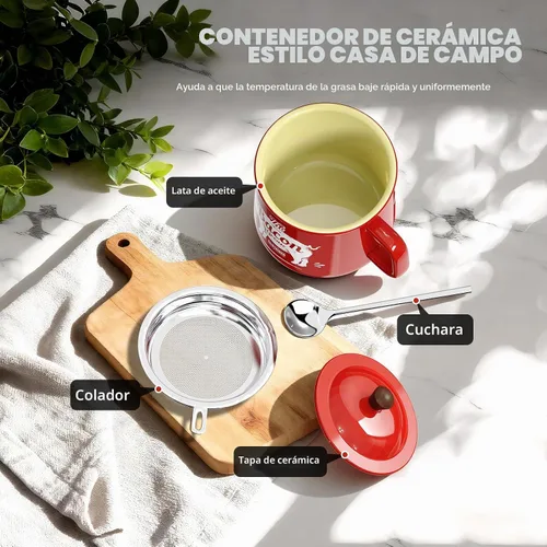 Vista 6 de PGYARD Ceramic Bacon Grease Saver With Strainer, 23OZ Farmhouse Container Rojo