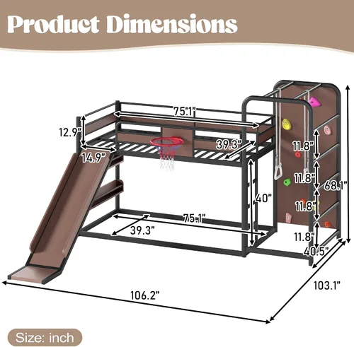 Vista 2 de Polibi Twin Metal Loft Bunk Bed with Basketball Hoop, Slide, Climbing Wall Loft Bed With Climbing Wall, Slide, Rings, And Bookshelves. A Fun Black