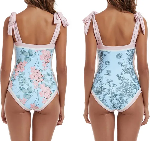 Vista 2 de Aidonger Trajes de baño reversibles de una pieza para mujer, diseño floral, con lazo en el hombro, control de abdomen, adelgazante, cuello cuadrado