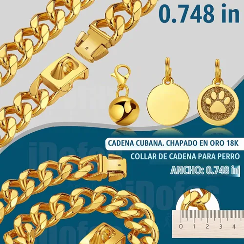 Vista 3 de Collar de cadena de oro para perro, collar de cadena de metal de 0.748 in con hebilla segura, collar de perro de eslabones cubanos de oro de 18