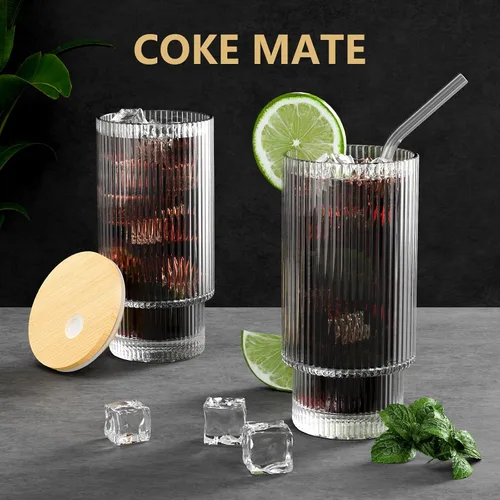 Vista 5 de CWHHRN Vaso de vidrio de 16 oz con tapa y pajita, vajilla vintage acanalada para whisky, cóctel, cerveza, tazas para café helado con tapa, vaso