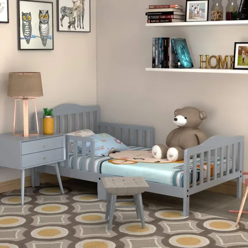 Vista 4 de Costzon Cama infantil, marco de cama clásico de madera para niños con doble barandilla de seguridad, diseño bajo al suelo, soporte de listones