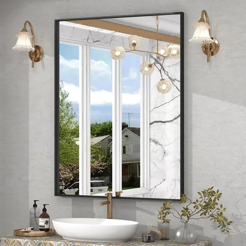 Vista 16 de [Usado] Espejo de baño con marco negro mate, espejo rectangular de tocador de 55 x 30 pulgadas, espejo de pared rectangular grande, antioxidante