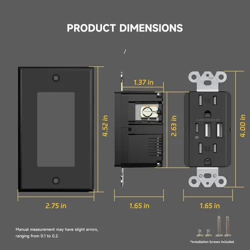 Vista 7 de Toma USB, enchufe de receptáculo TR de 15 amperios con cargador de pared USB C, toma de corriente de carga de 30W y 6.0A con 3 puertos, toma Negro
