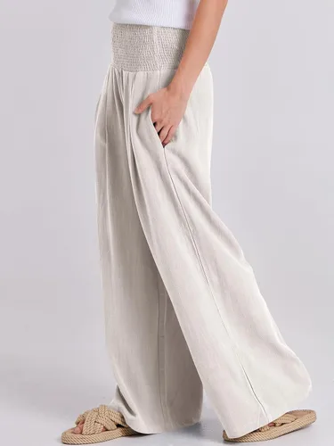 Vista 7 de ANRABESS Pantalones palazzo de lino para mujer, estilo bohemio, pierna ancha, cintura alta, informal, para descansar, playa, viajes, vacaciones