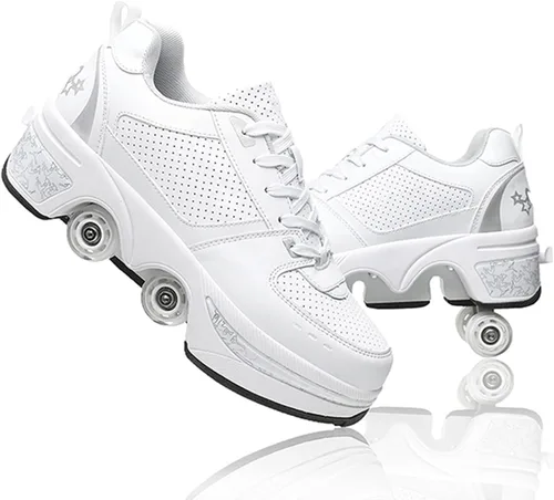 Vista 7 de Zapatos de patinaje convertibles para hombres y mujeres, zapatos de paseo automáticos para niños y adultos, patines con doble fila de ruedas, ruedas