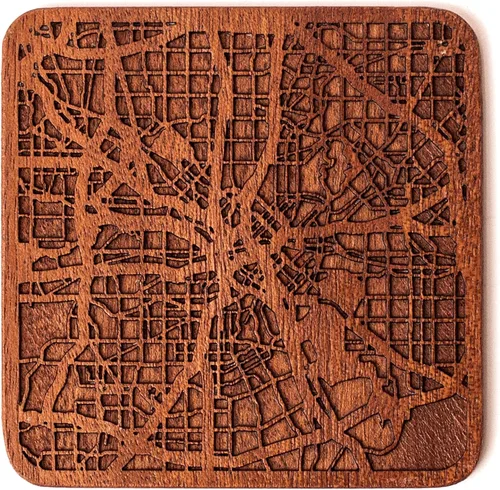 Vista 73 de Posavasos Amsterdam Map by O3 Design Studio, 1 pieza, posavasos de madera Sapele con mapa de la ciudad, hecho a mano, varias ciudades opcionales