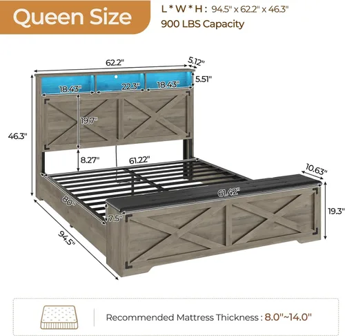 Vista 8 de DICTAC - Base de cama estilo granja tamaño Queen con cabecera de almacenamiento y estación de carga, base de cama de plataforma de madera