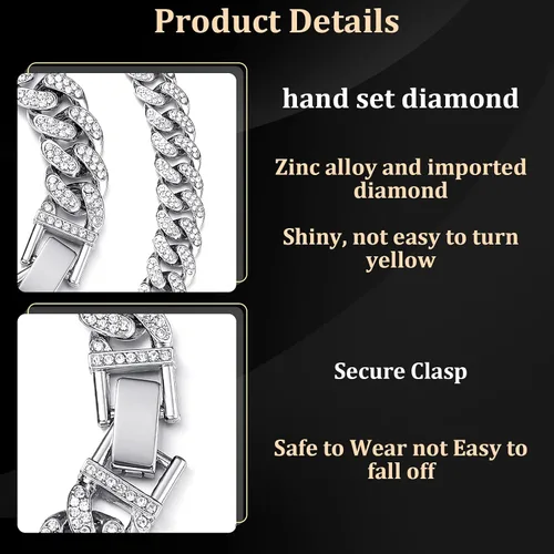 Vista 5 de Kenning Juego de 3 piezas de cadena de eslabones de plata, collar de cadena de eslabones de plata, collar de diamantes de imitación, anillo