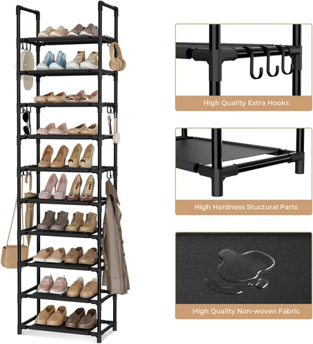 Vista 4 de VTRIN - Estantería alta de 10 niveles para zapatos, con capacidad para 20-25 pares de zapatos, organizador vertical resistente con 18 ganchos