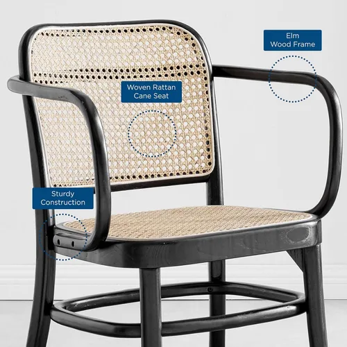 Vista 9 de Modway Winona - Silla de comedor de madera de olmo con asiento de ratán de caña en color negro, 21 x 22,5 x 32