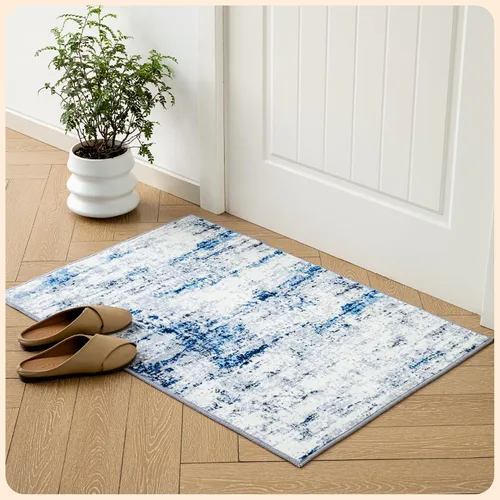 Vista 11 de Istana Alfombra larga antideslizante de 2.5 x 8 para el hogar, para pasillo y cocina, lavable, sedosa y suave al tacto, elegante, color azul y marfil
