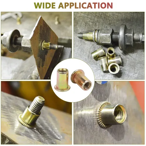 Vista 6 de 100 tuercas de remache M6, tuercas de inserción roscadas de cabeza plana M6 con cuerpo moleteado, Tuercas de inserción de acero al carbono chapado