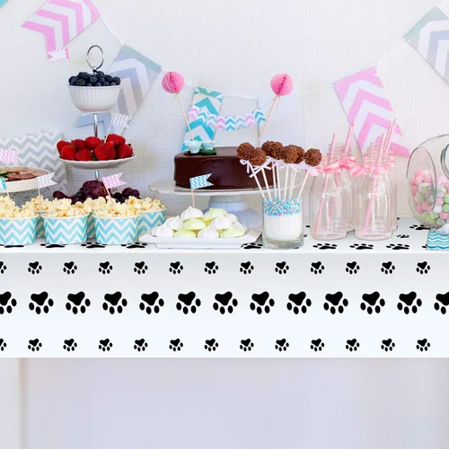 Vista 4 de Tatuo 2 manteles con estampado de patas, decoración de cumpleaños de perro, funda de mesa de plástico con diseño de pata de gato, desechable, Negro