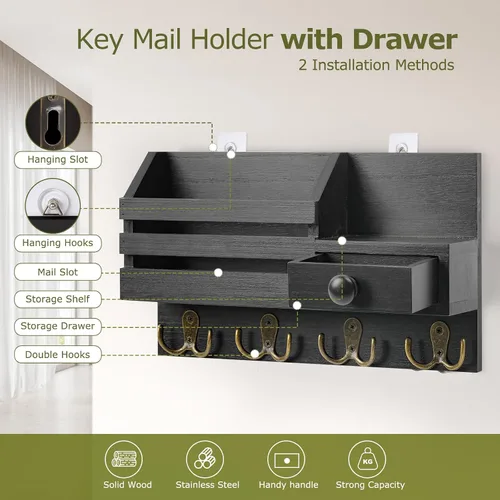 Vista 3 de Soporte para llaves de pared, organizador de correo adhesivo de madera y llaves con cajón, estante pequeño, 8 ganchos, 2 métodos de instalación