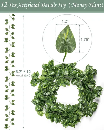 Vista 7 de JACKYLED Paquete de 12 guirnaldas de hiedra artificial de 80 pies, hojas de dinero Pothos con luces de cadena LED de 80 certificadas CE, luces