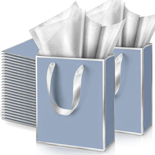 Vista 9 de Yeaqee Paquete de 100 bolsas metálicas de regalo con asa y papel de seda de papel de seda dorado para graduación, boda, padrinos de boda, regalos