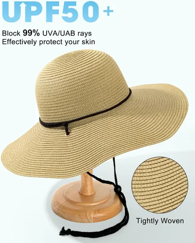 Vista 2 de Sombreros de sol para mujer, sombrero de playa de paja de ala ancha de Beige