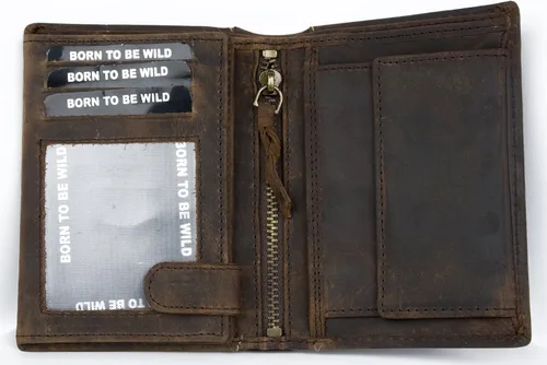 Vista 2 de Cartera vertical de cuero genuino para hombre nacido para ser salvaje con un tiburón, Marrón, Cartera triple