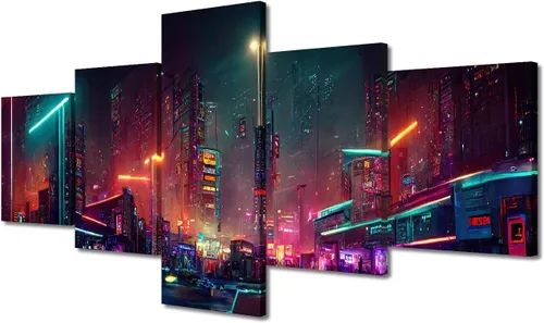Vista 76 de Póster de 5 paneles en lienzo para decoración de pared, diseño de centro urbano Cyberpunk, impresión moderna, decoración de pared para el hogar