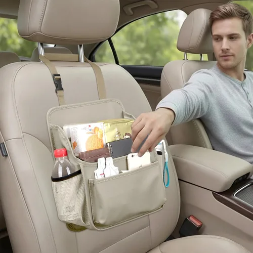Vista 2 de Viaviat Organizador de asiento delantero para tapicería de automóvil, bolsa de almacenamiento de cuero para asiento de pasajero, organizador grande