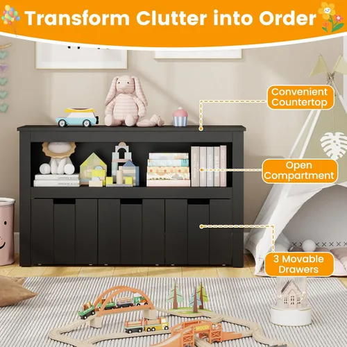 Vista 4 de HONEY JOY Organizador de almacenamiento de juguetes para niños, estante de guardería para niños, 3 cajas de juguetes de madera con ruedas, armario