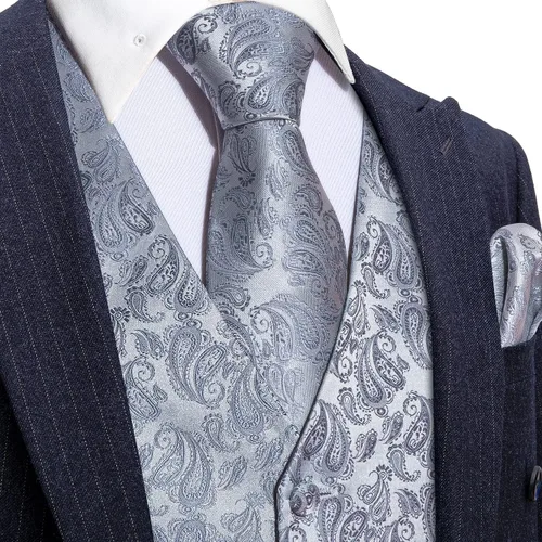 Vista 5 de Barry.Wang Chaleco formal de los hombres Paisley Jacquard seda corbata traje chaleco conjunto boda 5PCS