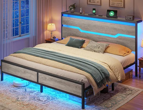 Vista 18 de Homkdom Twin Size Bed Frame with LED, Headboard Shelf & USB Ports