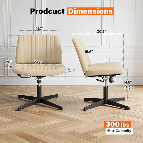 Vista 3 de PayLessHere Silla cruzada Beige Silla de escritorio ancha y sin brazos sin ruedas 360 giratoria, altura ajustable y base de metal estable