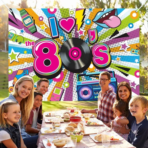 Vista 7 de Decoraciones de fiesta de los años 80, telón de fondo extra grande de tela con texto en inglés "I Love The 80s Hip Hop Party 1980, fiesta
