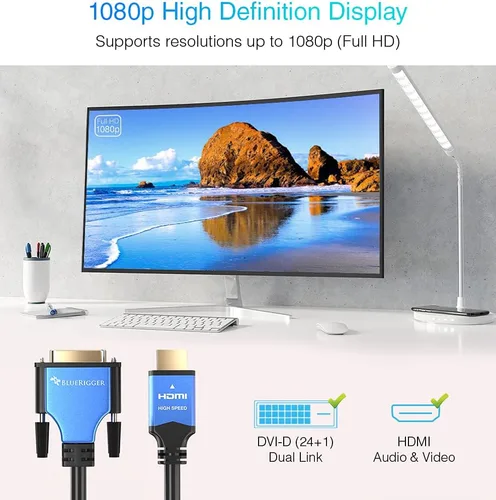 Vista 2 de BlueRigger Cable adaptador DVI a HDMI de 3 pies (alta velocidad, bidireccional, chapado en oro macho a macho, 1080p) - Cable HDMI a DVI