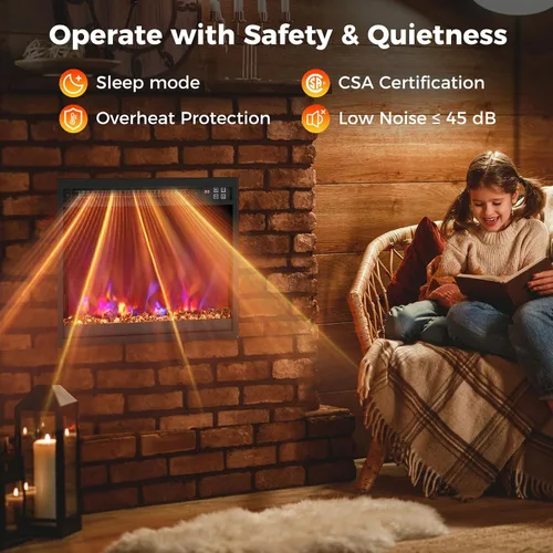 Vista 6 de SIMOE Inserto de chimenea eléctrica de 18 pulgadas, inserto de chimenea empotrado de 1500 W, pequeño con control remoto, temporizador de 0.5-9H, 8