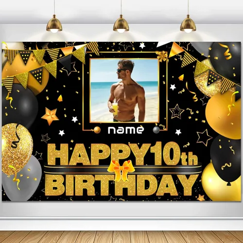 Vista 14 de Cartel decorativo personalizado de feliz cumpleaños número 100 - Personalización disponible - Negro y dorado - Tamaño grande - Admite fotos