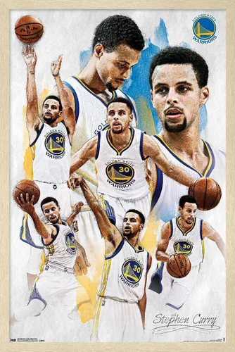 Vista 7 de Trends International NBA Golden State Warriors - Póster de pared de Stephen Curry 16, 14.725 x 22.375 pulgadas, versión enmarcada de madera