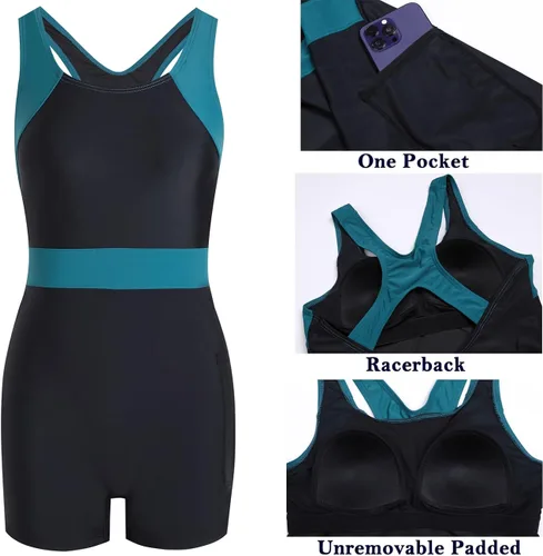 Vista 4 de Yilisha Traje de baño de una pieza para mujer, traje de baño modesto, pantalones cortos atléticos, para adolescentes, trajes de baño con bolsillo