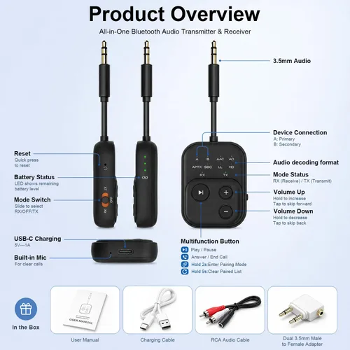 Vista 8 de Receptor transmisor de audio Bluetooth 6.0 Pro 2026 Adaptador Bluetooth para TV/avión/gimnasio/coche/estéreo para el hogar a auriculares