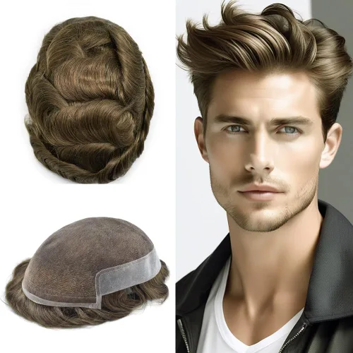 Vista 46 de Mens Toupee Remy Human Hair System For Men Bleached Knot Toupee Hair Piece For Men French Lace Toupee For Men Hairpiece 8X10#17 Dark Ash Blonde 90%