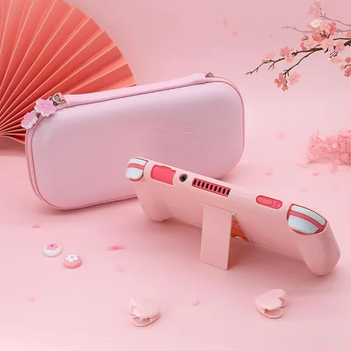 Vista 8 de BRHE Kit de accesorios para estuche de transporte de viaje rosa para Switch Lite, funda protectora dura con soporte, protector de pantalla