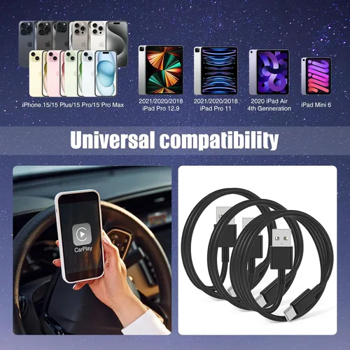 Vista 6 de Paquete de 3 cables negros [3.3 pies+3.3 pies + 6 pies] USB A a USB C, cable USB a USB C Carplay para iPhone 16 15 Pro Plus Pro Max, para iPad